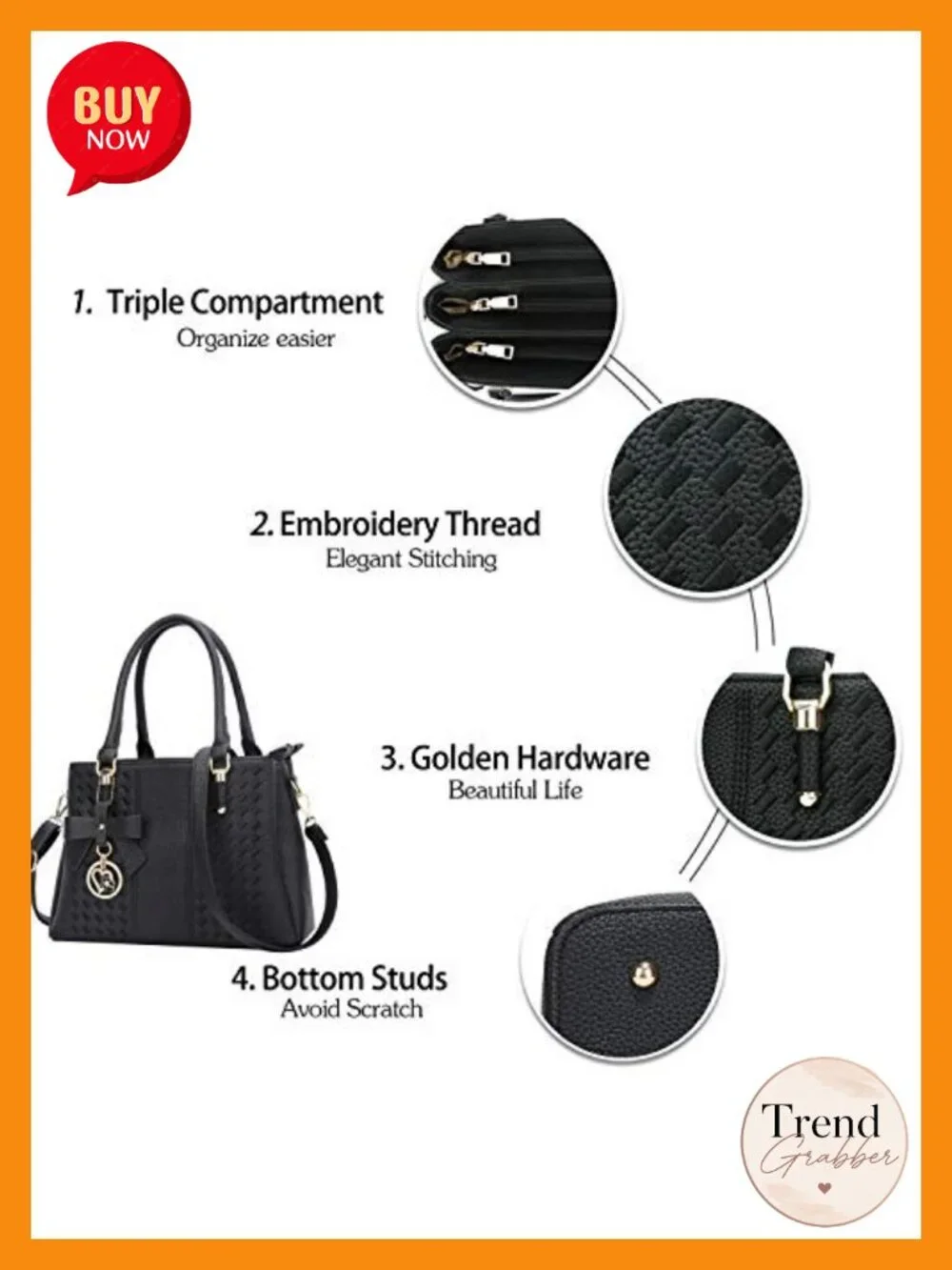 PU Leather Top Handle Satchel Bag, 3 Compartments, Adjustable Strap